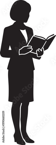 Silhouette of a woman in business attire reading a book 