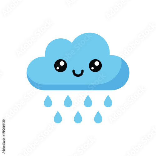 Cute light blue smiling cloud icon with falling rain drops in flat vector style for weather forecast or nursery decor graphics.