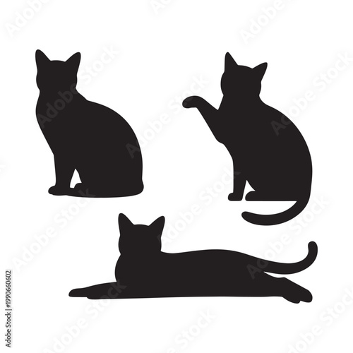Three black silhouettes of cats in various resting positions displayed