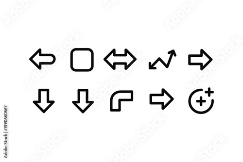 Minimalist black outline arrows and navigation icon set on transparent background for digital interface and web design projects.