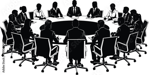 Black silhouette of professional business team sitting at round conference table, having corporate meeting, board discussion, collaboration, and executive brainstorming.