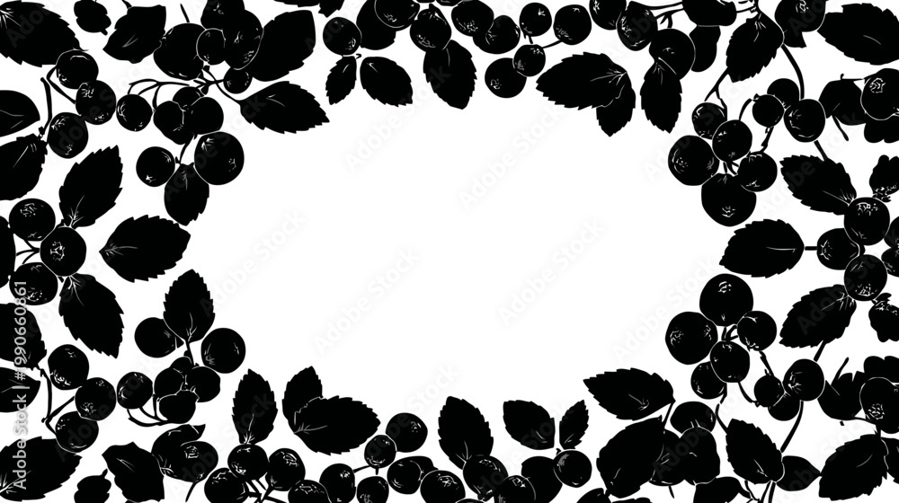 Fototapeta premium Black silhouette of berries and leaves frame a white space with a natural motif