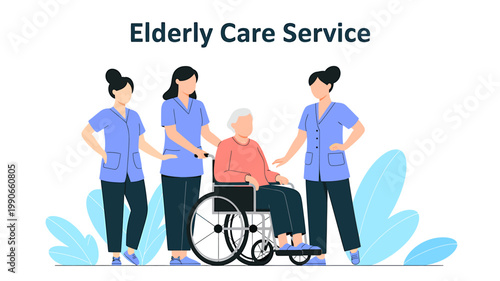 Elderly care service with nurses helping senior woman in wheelchair at home