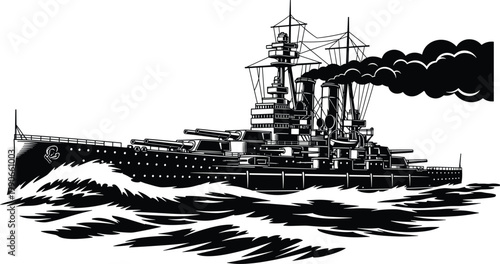 Фотография Black silhouette of vintage naval battleship with large cannons and smoke speedi