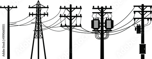 Black Silhouette Vector Illustration of Electric Power Lines Utility Poles Transmission Towers and Transformers for Energy Infrastructure and Industrial Design