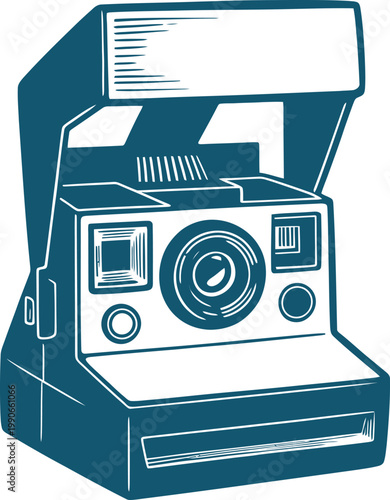 Vintage blue and white instant polaroid camera with open