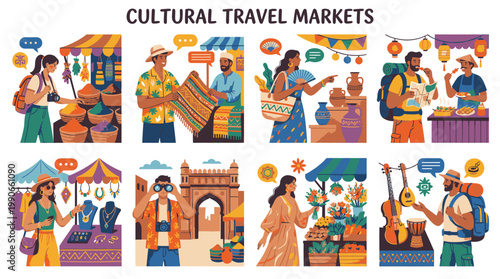 Cultural Travel Markets Featuring Diverse Vendors and Shoppers.