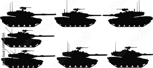 Black tank silhouettes set isolated on white background, military armored vehicle icons, war machinery silhouettes, combat heavy weapon vector illustrations.