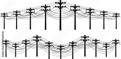 Black Silhouette Vector Set of Electric Utility Poles with Messy Tangled Overhead Power Lines for Industrial Energy Infrastructure and Design