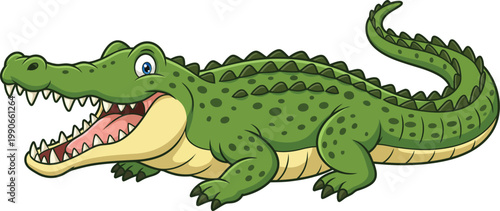 Cartoon crocodile character, green alligator vector illustration, friendly reptile mascot icon