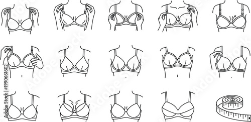 Bra fitting instruction icon collection with strap adjustment cup measurement lingerie clothing fashion artwork, black vector template set