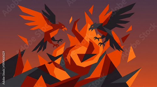 Geometric stylized illustration of two birds fighting with fire flames