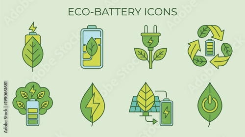 Eco Battery Icons Set for Sustainable Energy.