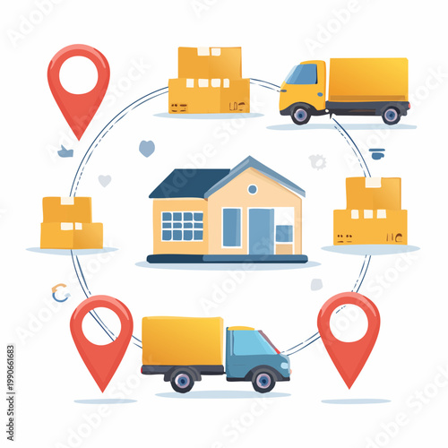 Modern home delivery logistics. E-commerce shipping concept with trucks, parcels, location pins, and a house for convenient doorstep service
