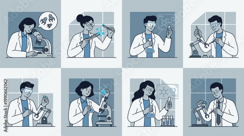 Scientists Conducting Laboratory Experiments with Test Tubes and Equipment.