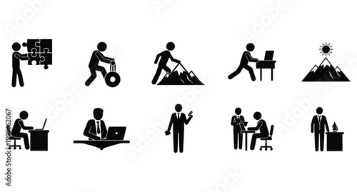 Diverse silhouette icons depicting various professions and activities in a minimalist black and white style