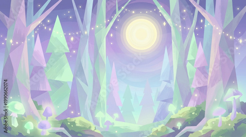 Abstract geometric digital illustration of a magical forest at night with glowing mushrooms and moon
