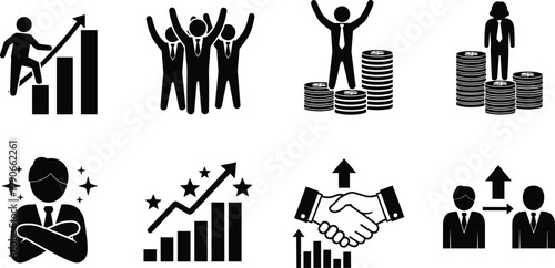Business success icons, teamwork silhouettes, leadership symbols, financial growth, career advancement, partnership handshake, professional achievement, black and white illustration