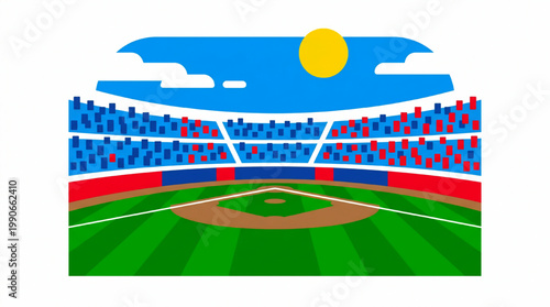 Flat vector illustration of a baseball stadium field with sunny sky