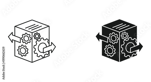 Black and white line icons of cube with gears and arrows on sides for business process concept