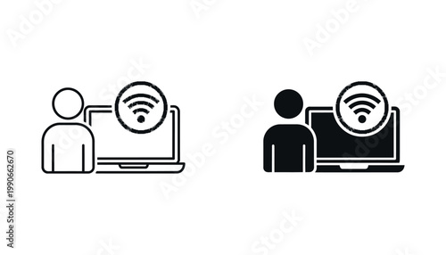 User and laptop wifi connection icon set vector graphic illustration