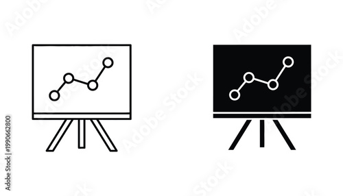 Data analytics chart on easel stand icon set with line graph representation for business reporting and presentation visual elements