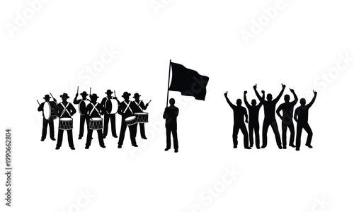 People parade vector silhouette illustration, line art of drummers and flag bearer.