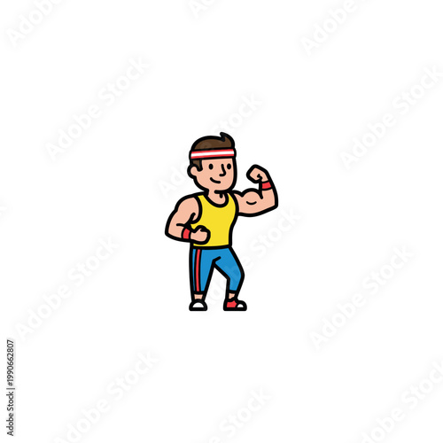Cartoon man flexing his muscles strongly.