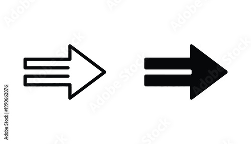 Right pointing arrow with parallel lines vector icons for navigation and direction in both outline and solid styles