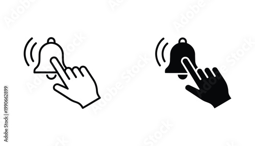 Notification bell icon with clicking hand cursor for alerts and reminders in both outline and solid design styles