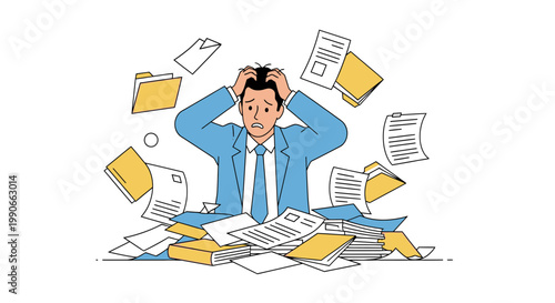 Businessman Worried About Messy Tax Paperwork Flat Minimalist Vector Illustration