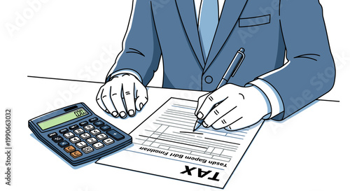 Businessman Writing on Tax Form with Calculator Nearby Flat Vector Illustration