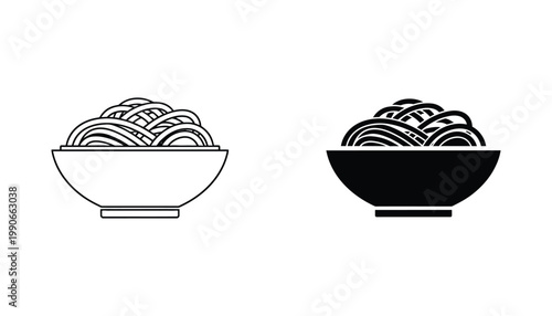 Bowl of noodles icon set with outline and solid styles for restaurant menu or food delivery application and culinary website design elements