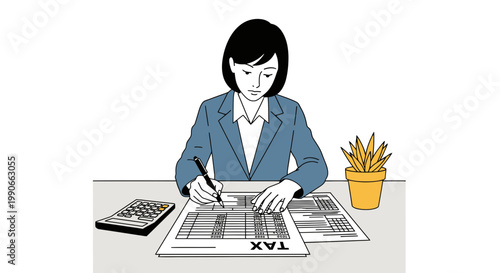 Businesswoman Reviewing Totals on Tax Sheet Vector Illustration