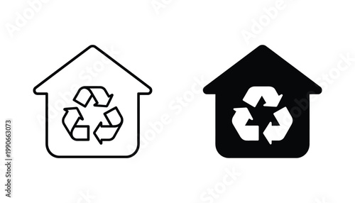 House building with recycling symbol inside vector icon set in outline and solid black styles for eco-friendly home and sustainable housing concepts isolated on white background