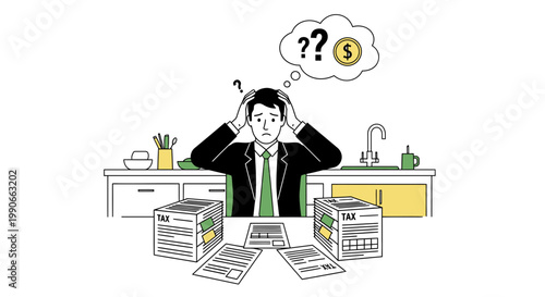 Confused businessman with tax documents on kitchen table vector illustration
