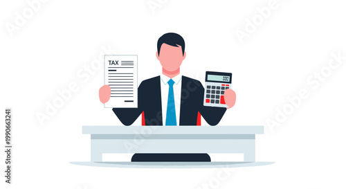 Businessman Holding Tax Document and Calculator at Kitchen Table – Minimalist Flat Vector Illustration