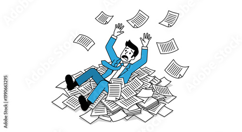 Businessman Overwhelmed by Paperwork Avalanche Flat Minimalist Vector Illustration