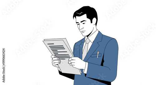 Businessman Reviewing Paperwork Carefully Flat Minimalist Vector Illustration