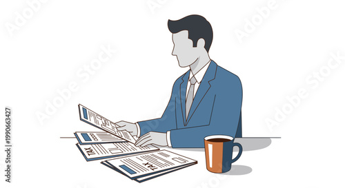 Businessman Reviewing Tax Forms Beside Coffee Mug Minimalist Vector Illustration