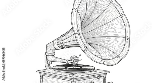 Vintage gramophone illustration black and white drawing of a classic music player
