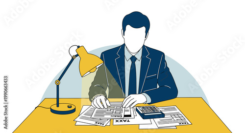 Businessman Reviewing Tax Numbers Late Night at Kitchen Table – Minimalist Flat Vector Illustration
