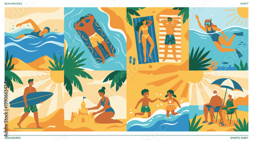 People Enjoying Beach Activities and Sunbathing.