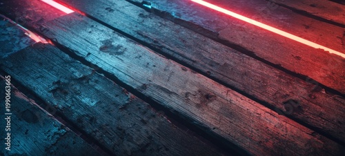 Abstract wooden surface illuminated by red and blue light beams