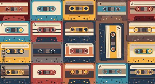 A vibrant, patterned collage of vintage cassette tapes, displaying diverse colors and letters