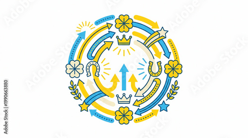 Abstract circular design with lucky symbols and direction arrows