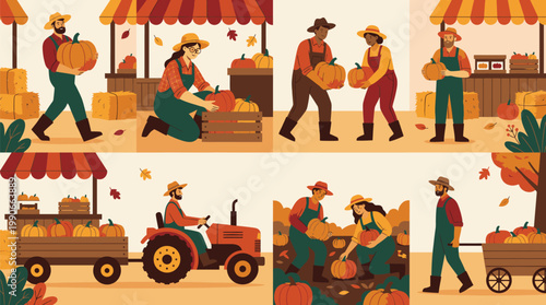 Vintage Market Scene with Vendors and Customers.