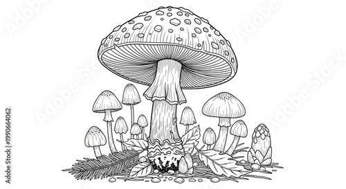 Detailed monochrome illustration of various mushroom species on white background