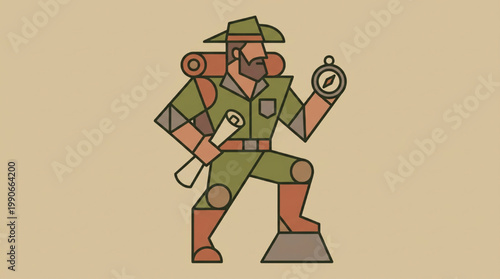 Minimalist vector illustration of an adventurous explorer with a compass and map