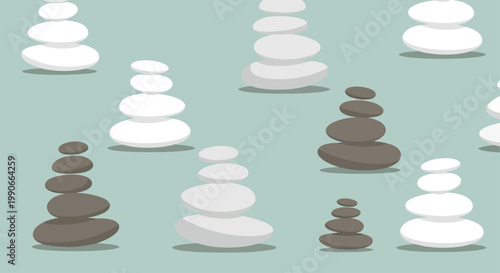 Stacks of smooth, rounded stones in white and gray create a calming, balanced pattern